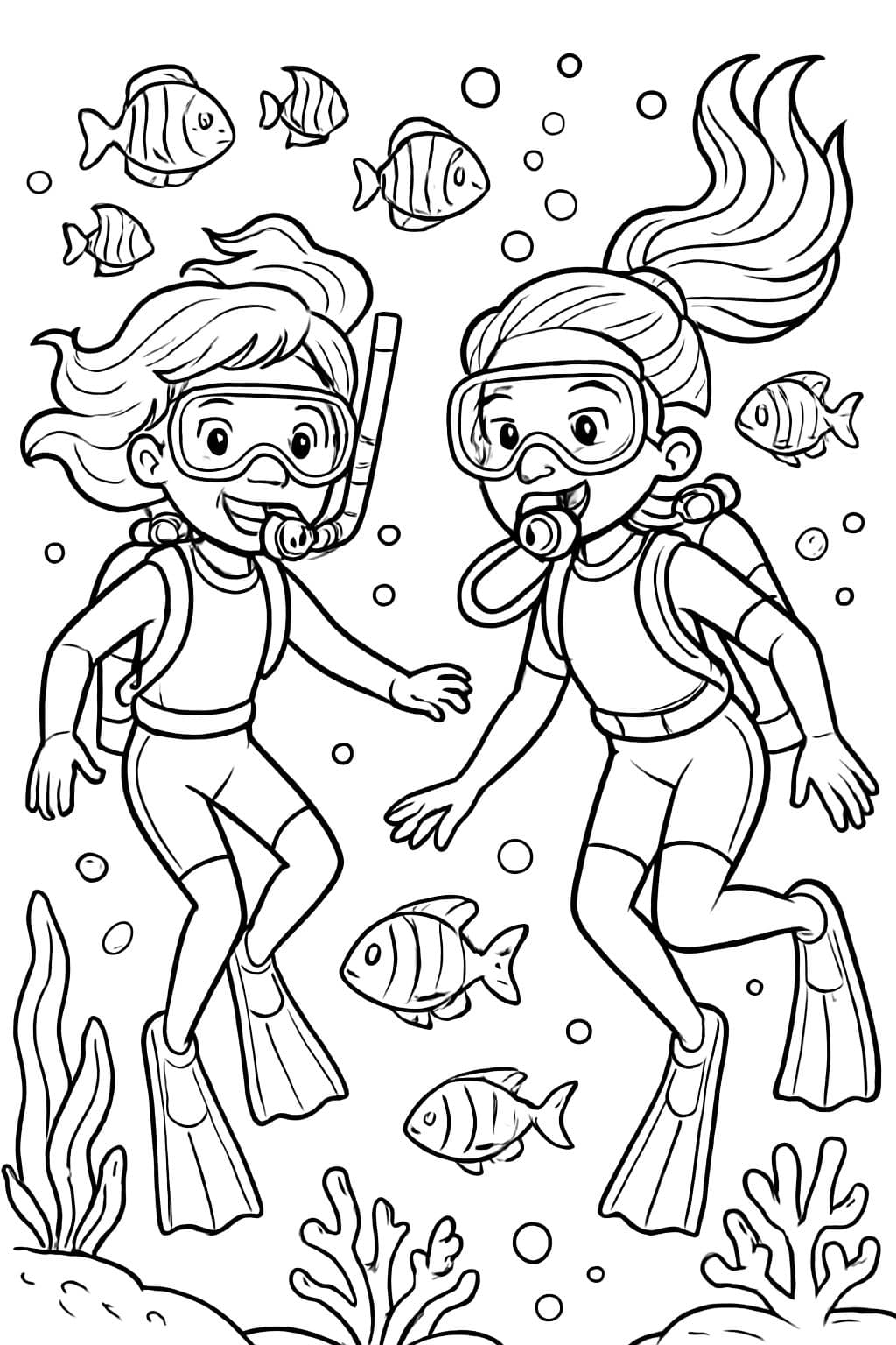 Deux filles faisant de la plongée sous-marine avec des poissons