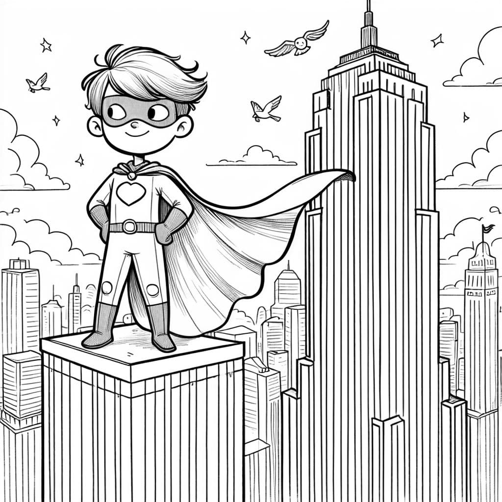 Superhero boy with a cape standing on top of tall building