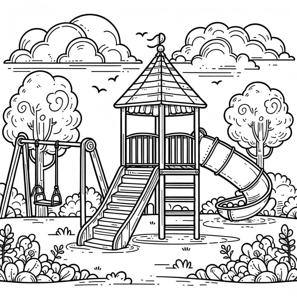 A playground with swings and a tall slide with stairs going up and a ball pit at the bottom of the slide.