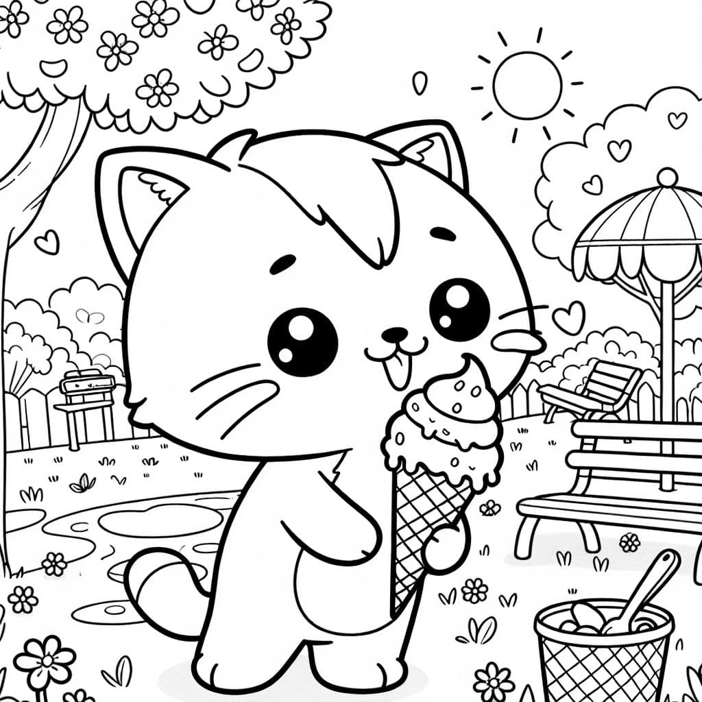 un lindo gatito con un helado en el parque en un día de primavera