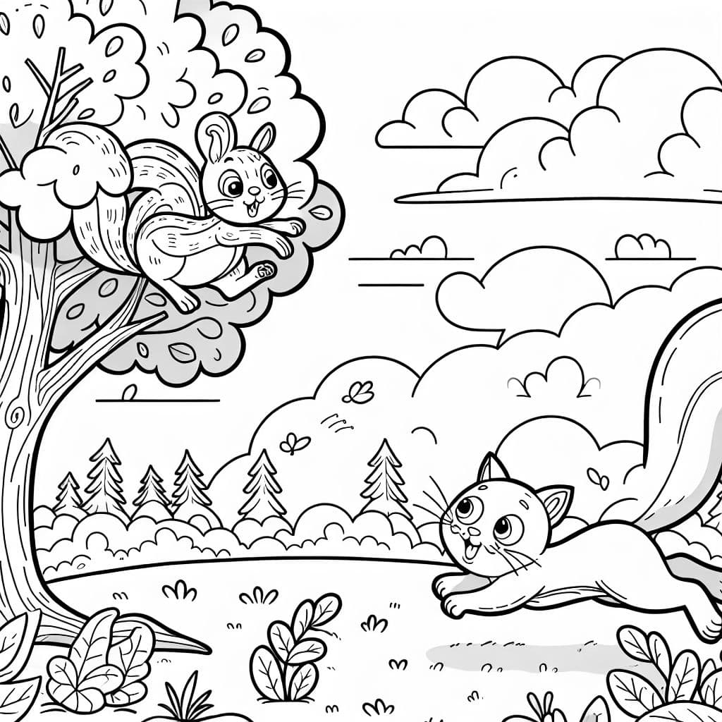 Gato persiguiendo a una ardilla saltando de árbol en árbol
