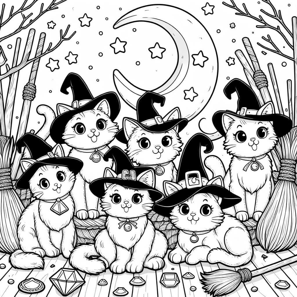 Gatos sentados en grupo con sombreros de bruja rodeados de escobas y joyas.