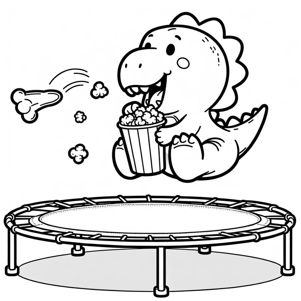 a happy dinosaur, eating popcorn and jumping on a trampoline