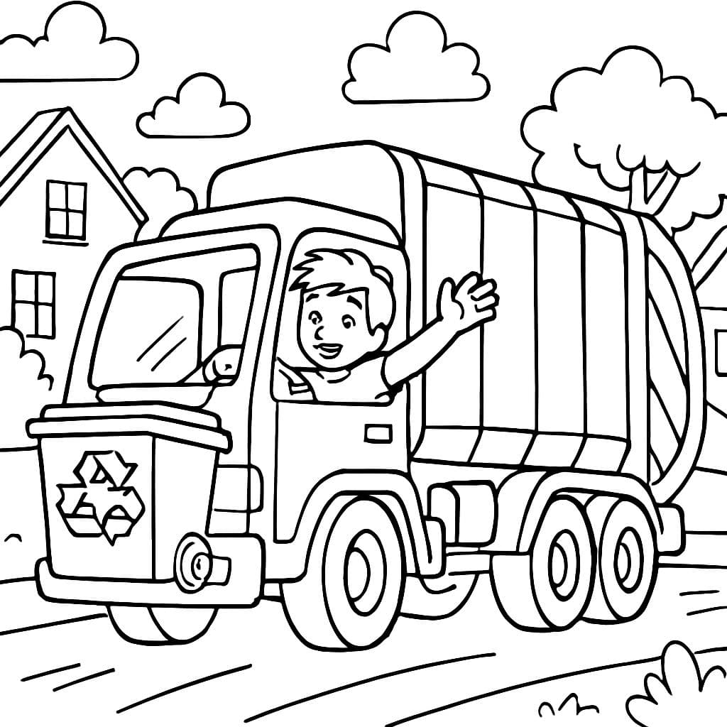 Recycling truck driving thru a neighborhood with recycling bin on front of the truck