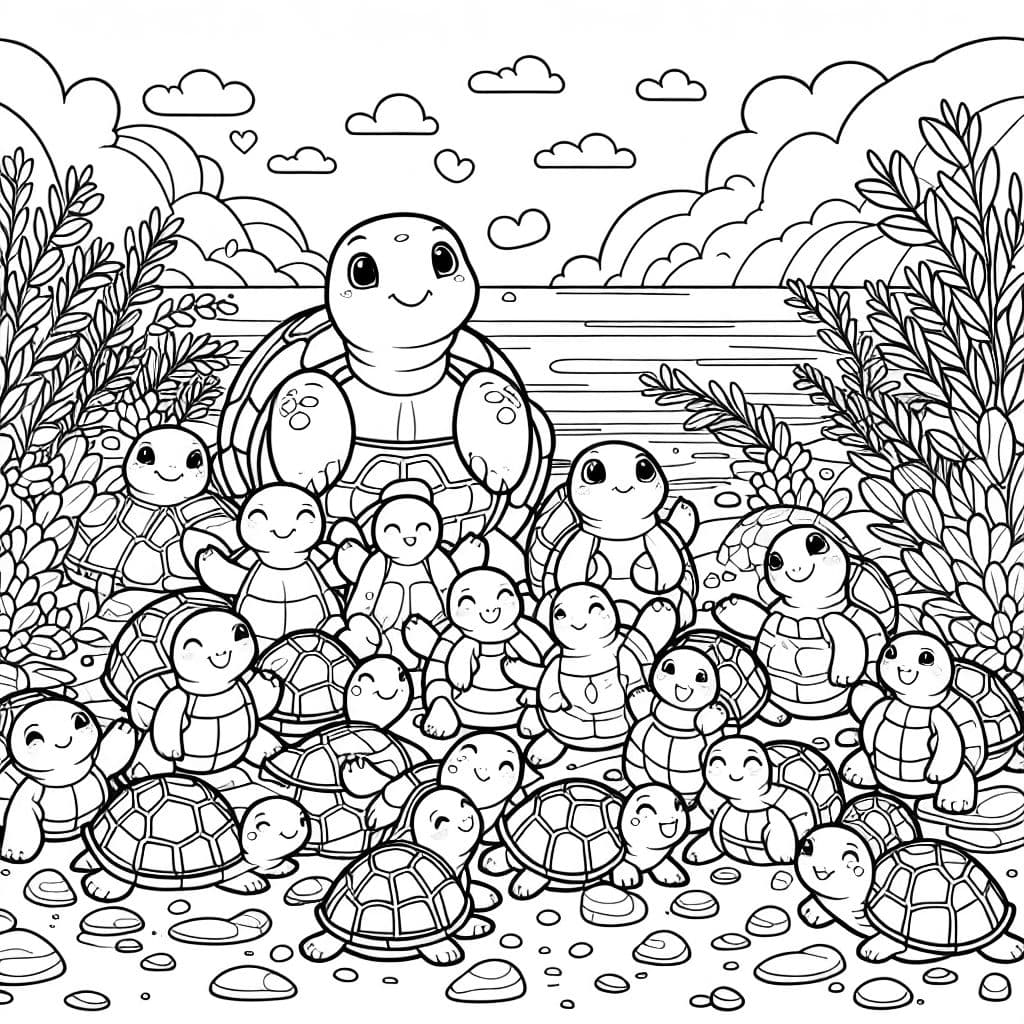 une école de tortues avec de nombreux bébés tortues et de grands éducateurs