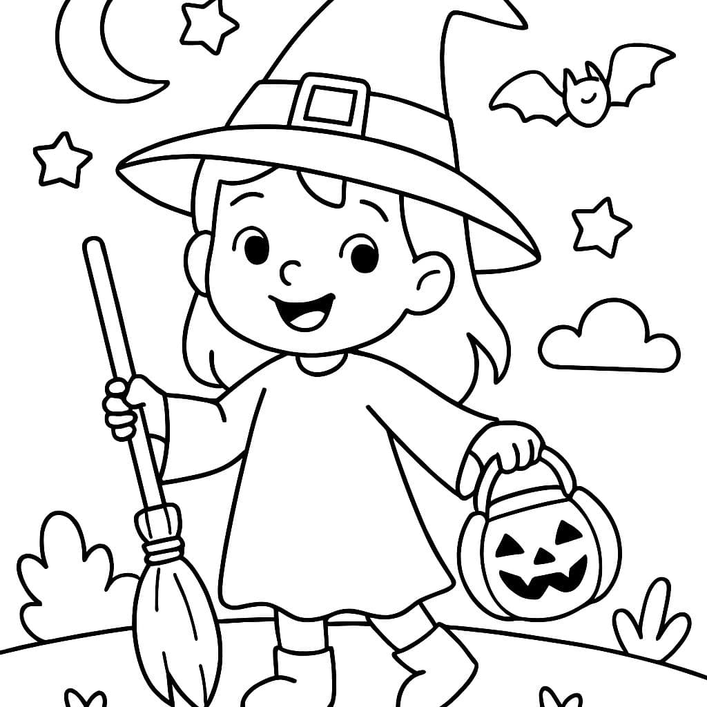 Ein Mädchen, das sich für Halloween als Hexe verkleidet hat.