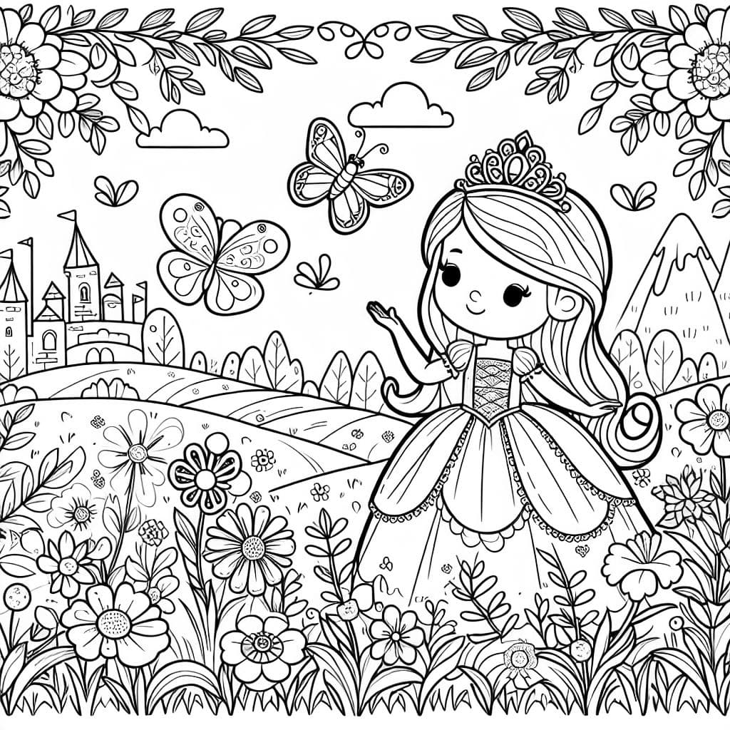 Un campo de flores con una mariposa y una princesa