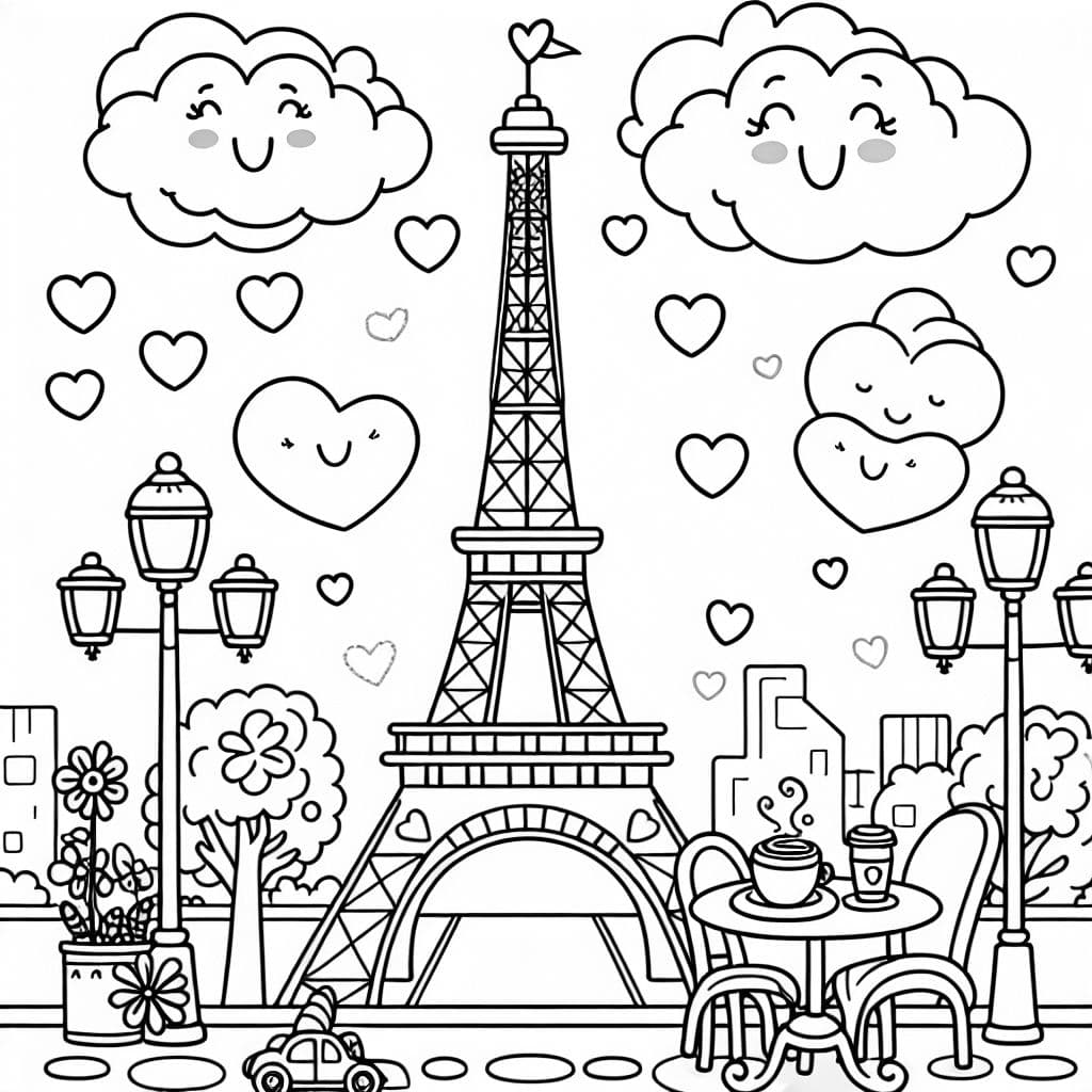Eiffel Tower , With fluffy heart-shaped clouds, cheerful street lamps, and a tiny cafe table with cups of coffee and croissant