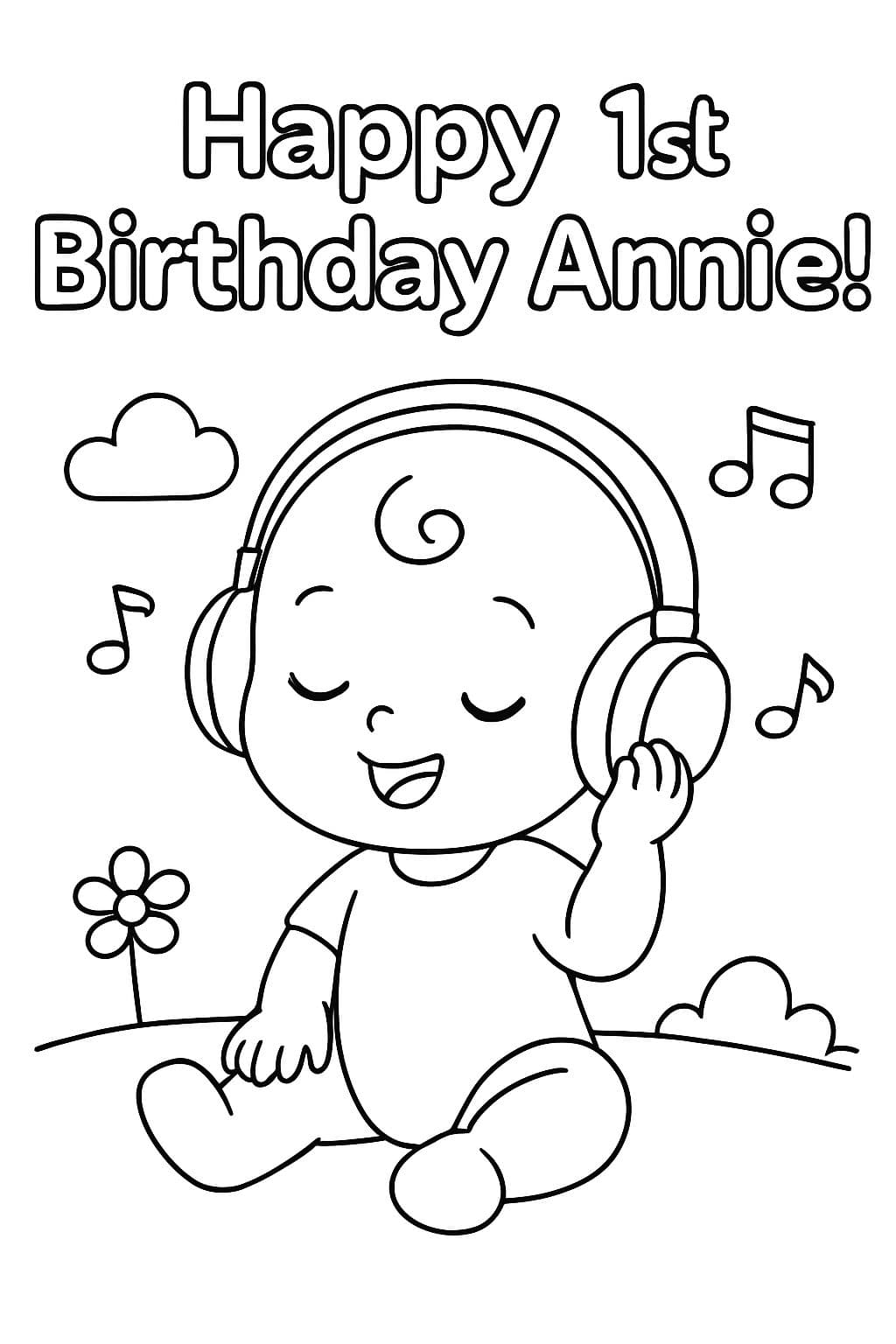 Un bébé écoutant de la musique qui dit : "Joyeux 1er anniversaire Annie !"