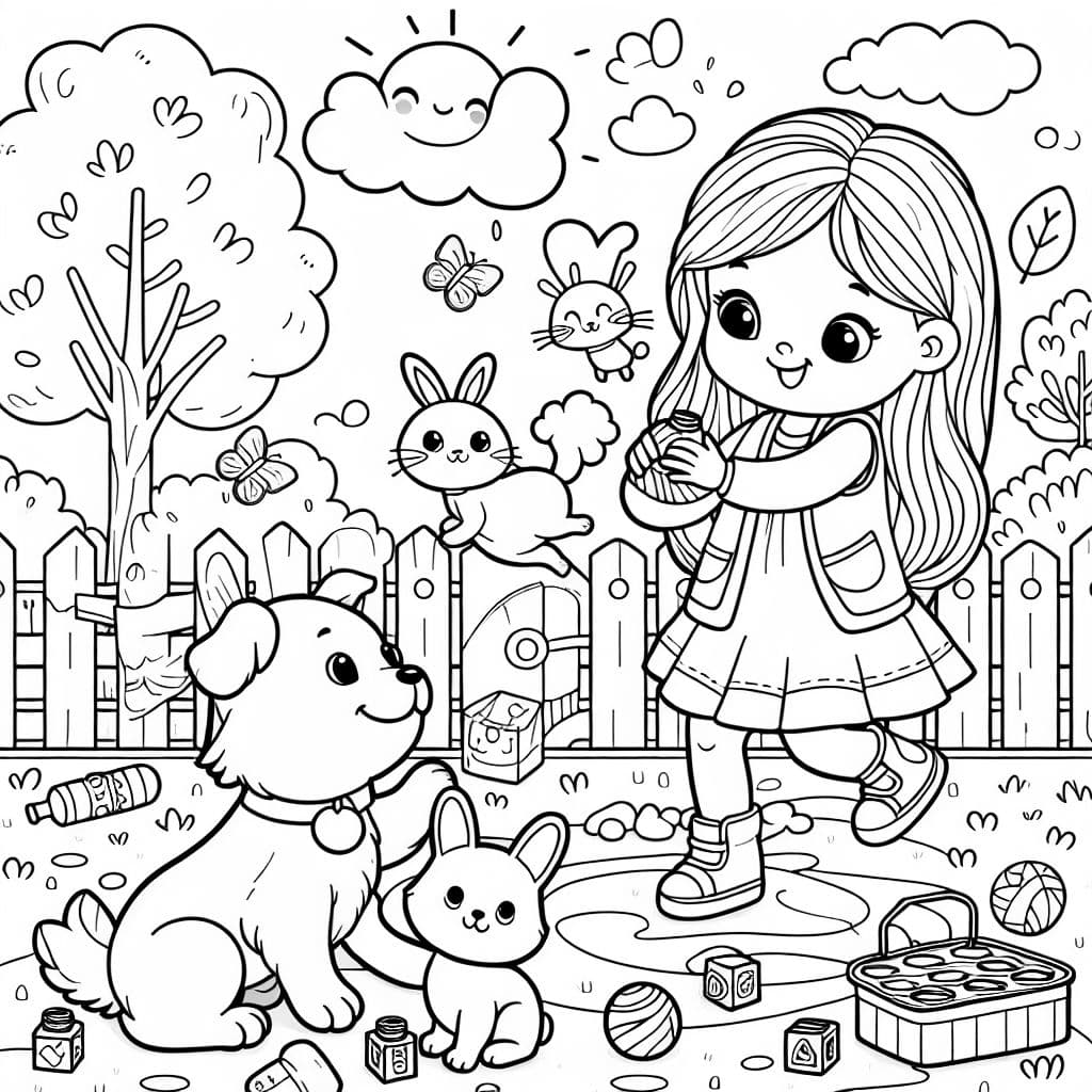 Ein Mädchen und ein Hund spielen mit einer Katze und einem Kaninchen