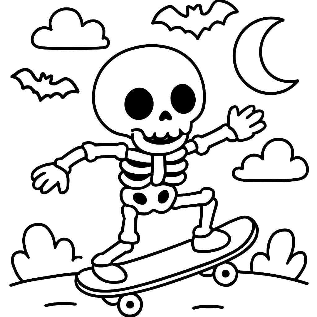 esqueleto montando una patineta escena de Halloween