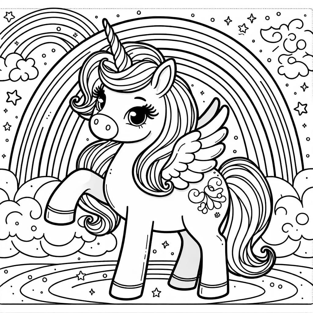 A unicorn with wings and beautiful eyelashes under a rainbow but with no hills