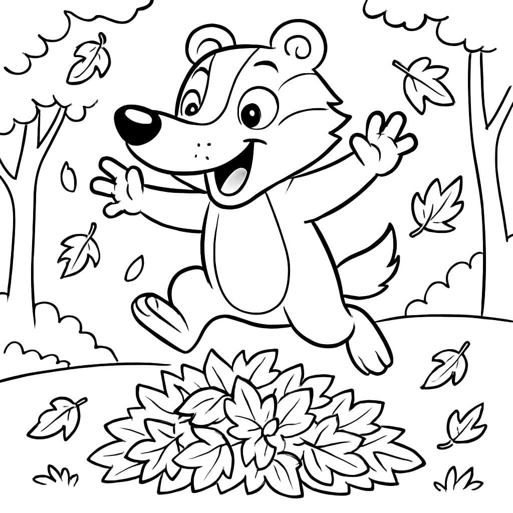 Un blaireau sur le point de sauter dans une pile de feuilles d'automne.