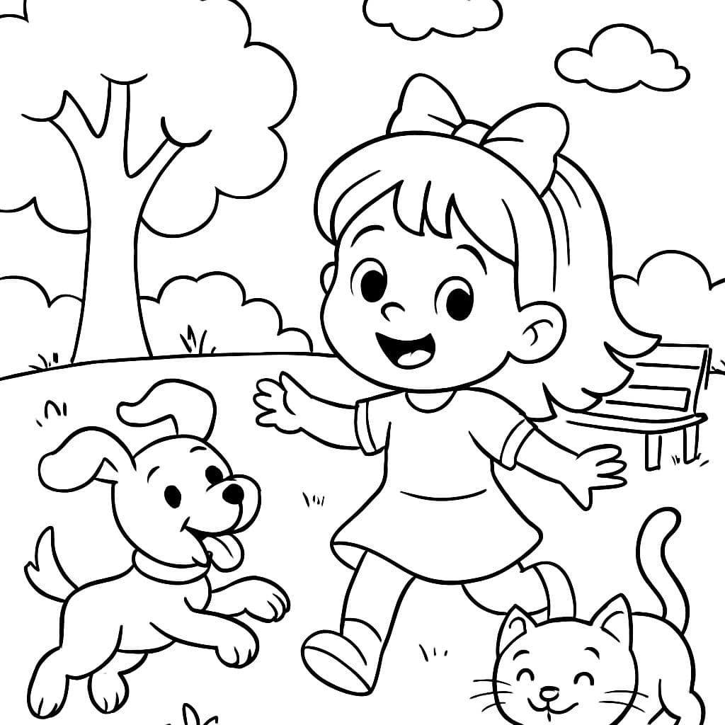 Une fille de 3 ans jouant dans le parc avec un chien et un chat