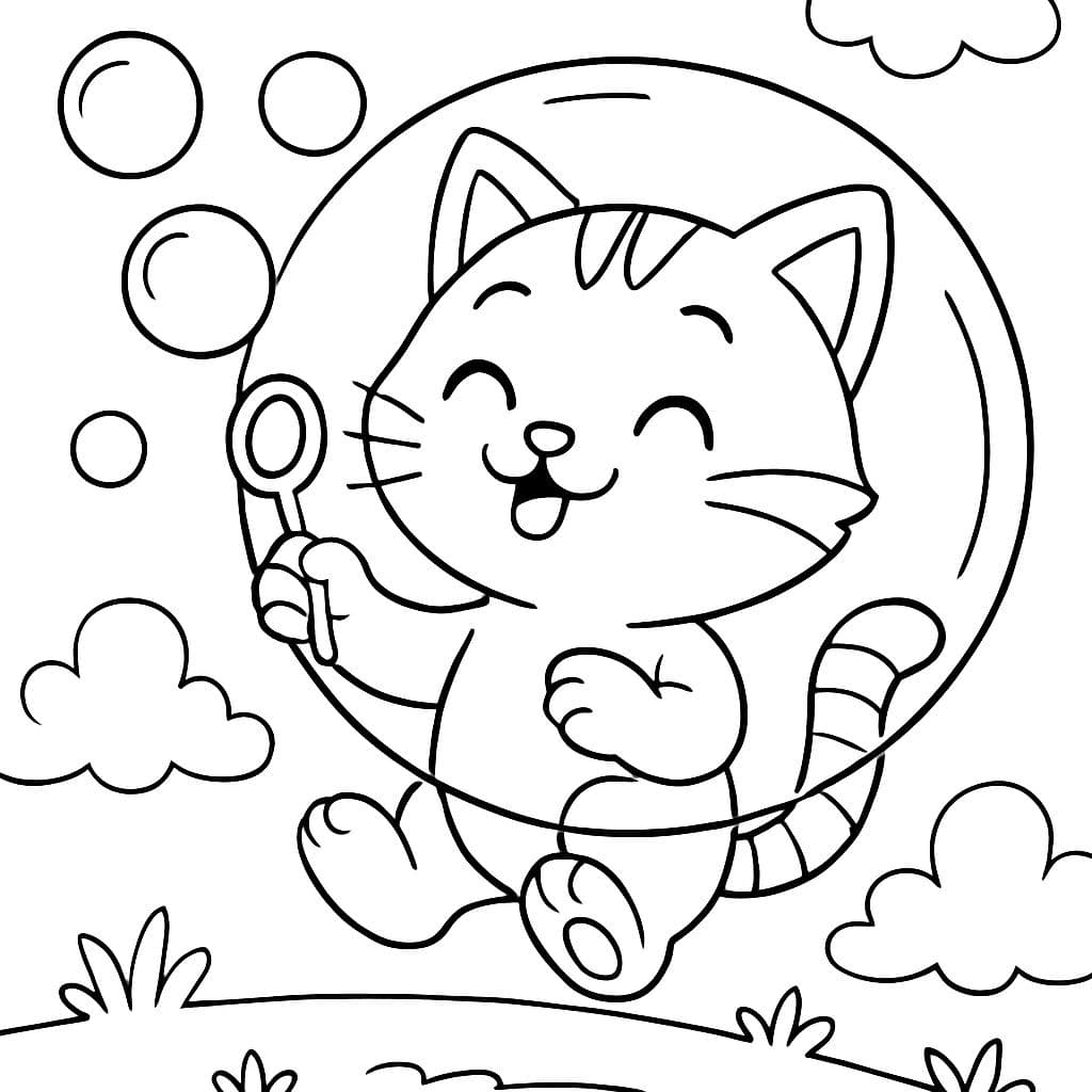 Un gatito en una burbuja mientras también sopla burbujas.