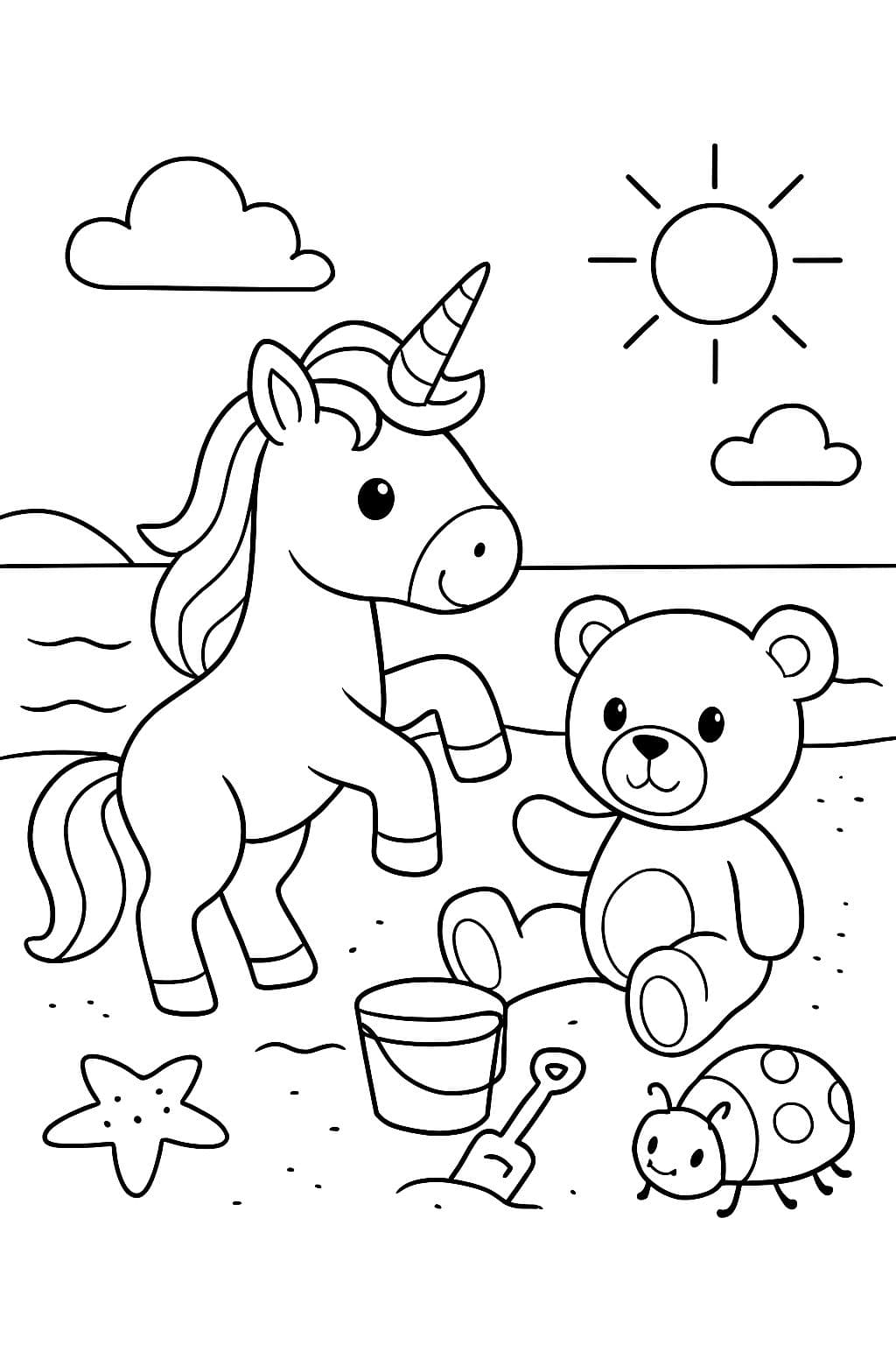 Un unicorn, un ours en peluche et un scarabée jouent sur la plage
