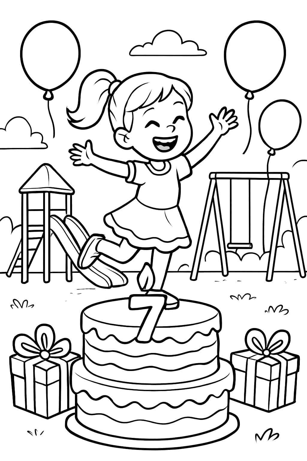 Image de “Joyeux 7ème Anniversaire” d'une petite fille sur un terrain de jeu avec un gâteau, des cadeaux et des ballons
