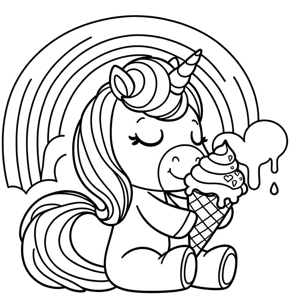 A unicorn eating ice cream with rainbow in background