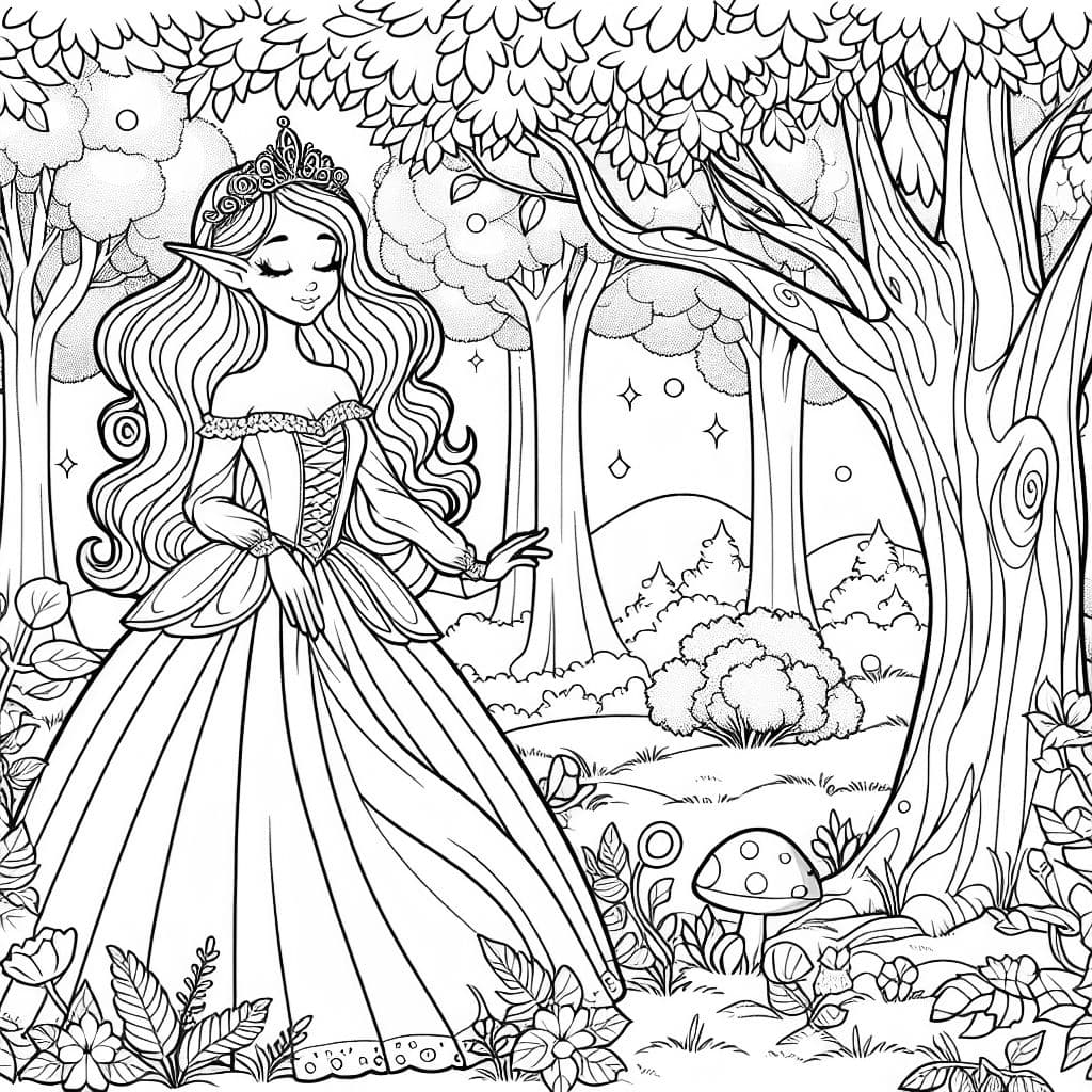 Magischer Wald mit einer eleganten elfenhaften Frau