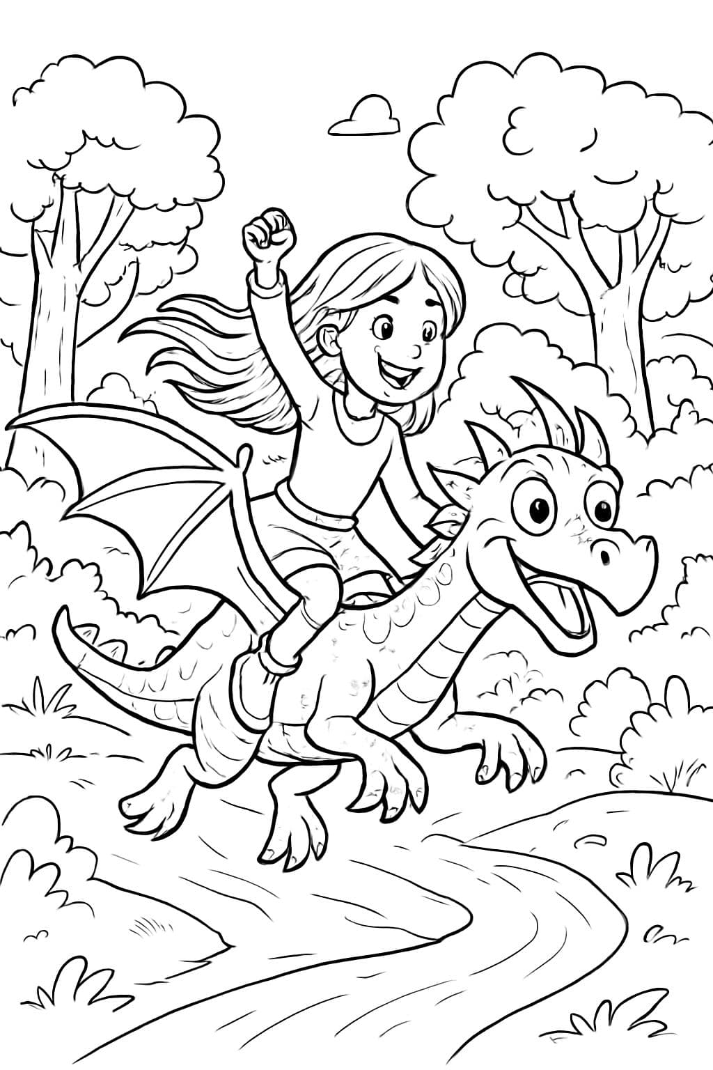 niña de cabello largo sobre un dragón del bosque