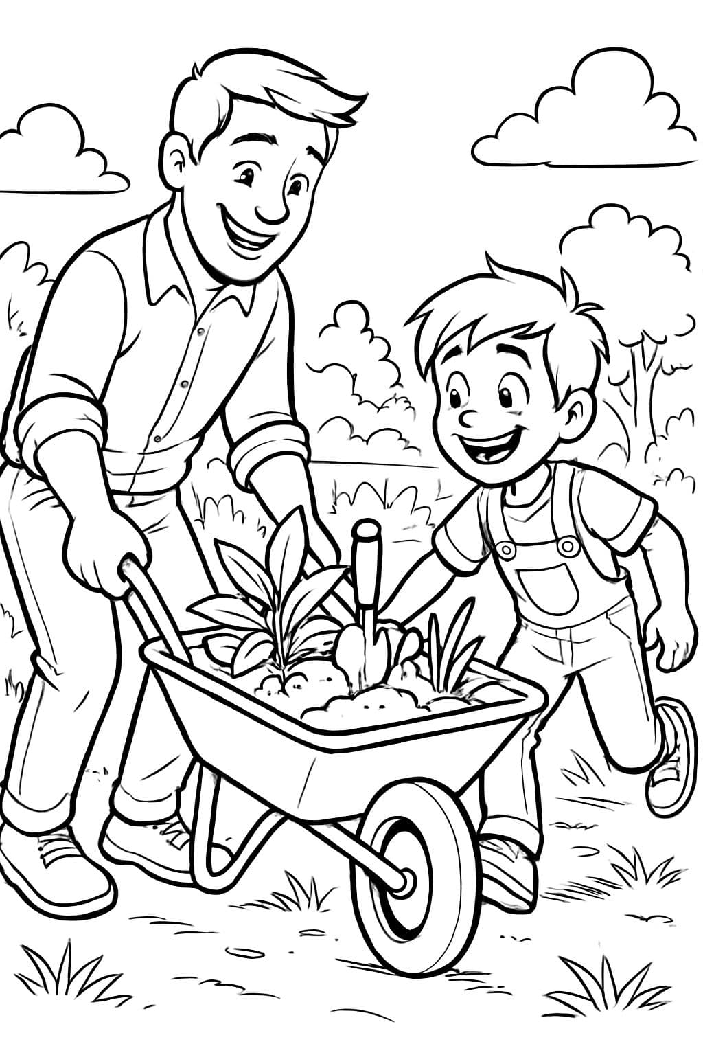 Papa et fils travaillant avec une brouette dans le jardin