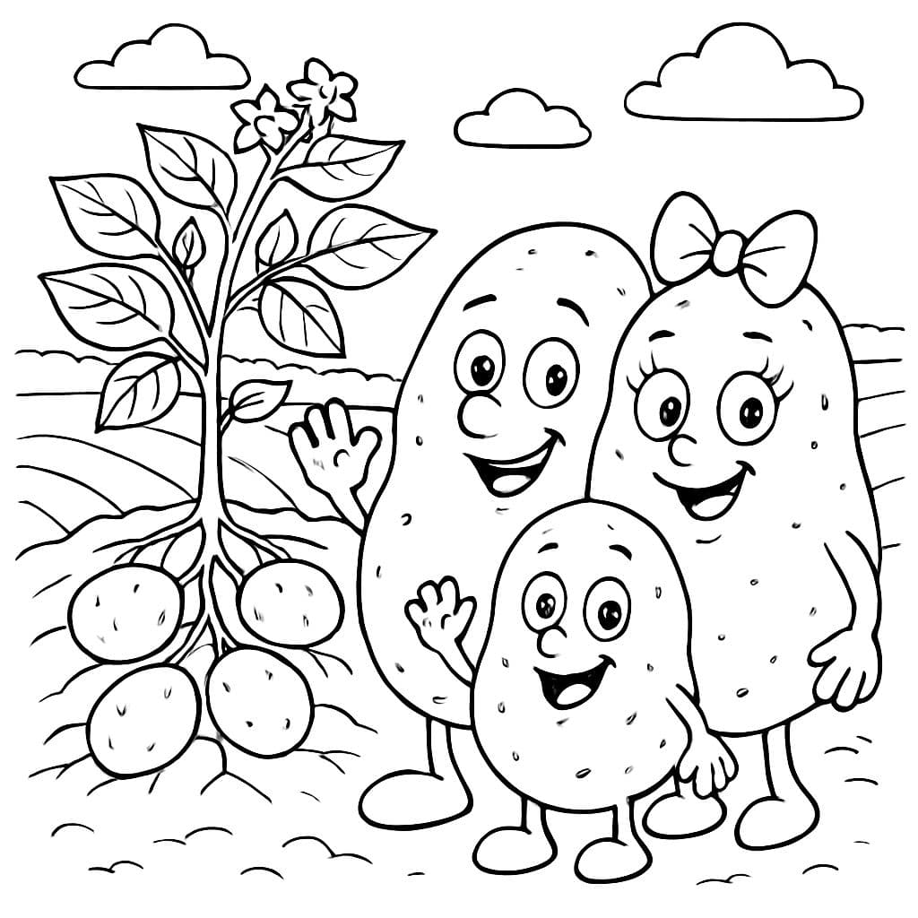 une famille de pommes de terre à côté d'une plante de pomme de terre dans le champ