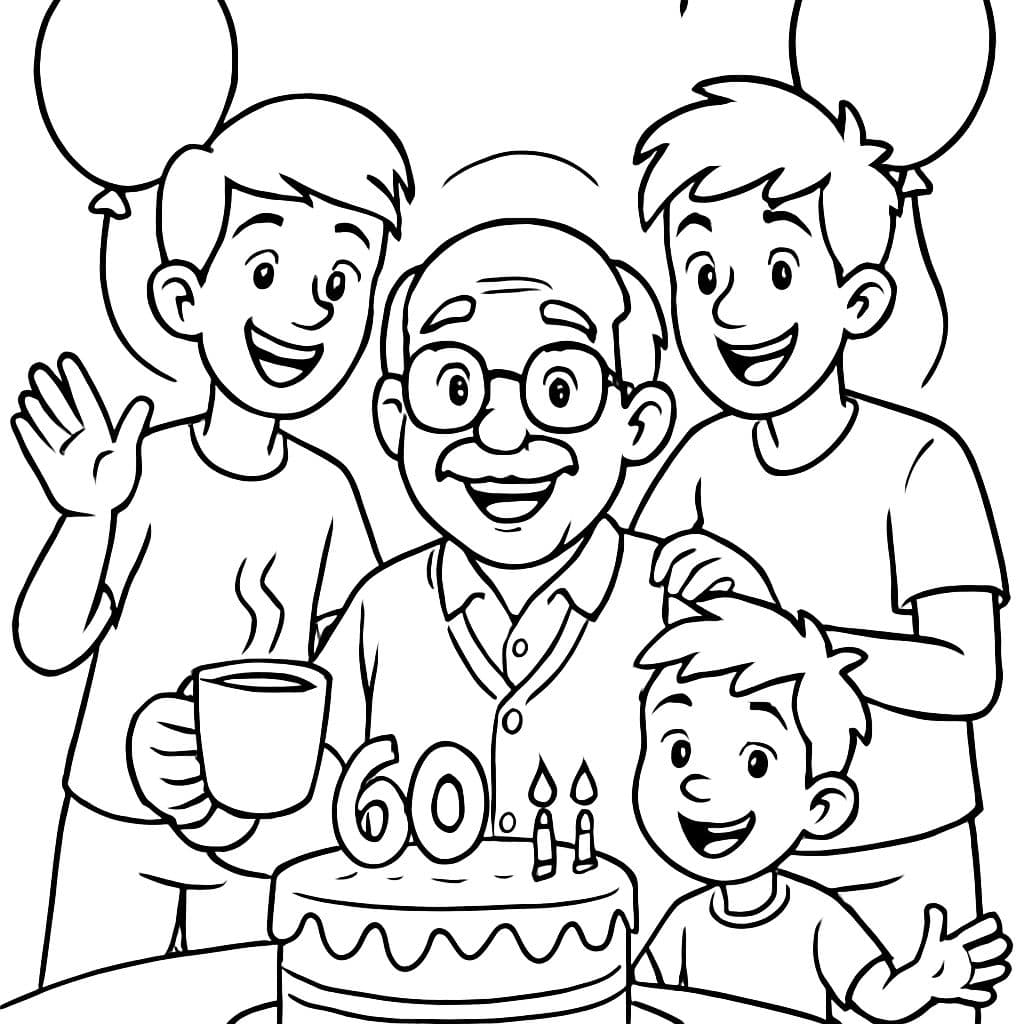 Página para colorear. 4 personas. Cumpleaños número 60 del abuelo (solo abuelo con gafas). Abuelo con un chico adolescente de 13 años, un chico adolescente de 10 años y un niño de 6 años. Hay globos y una tarta.