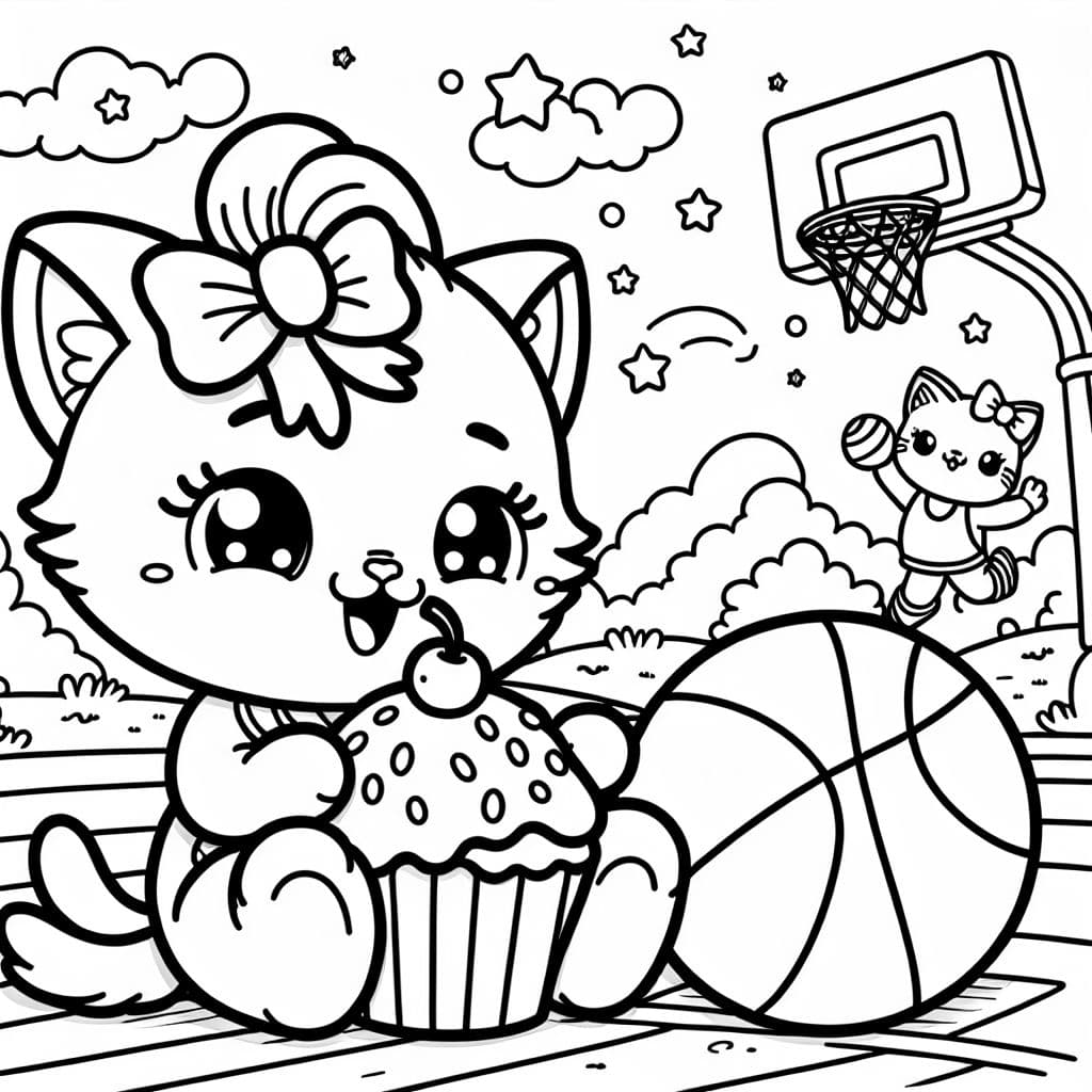 a kitty shooting basketballs eating cupcake with a bow in hair
