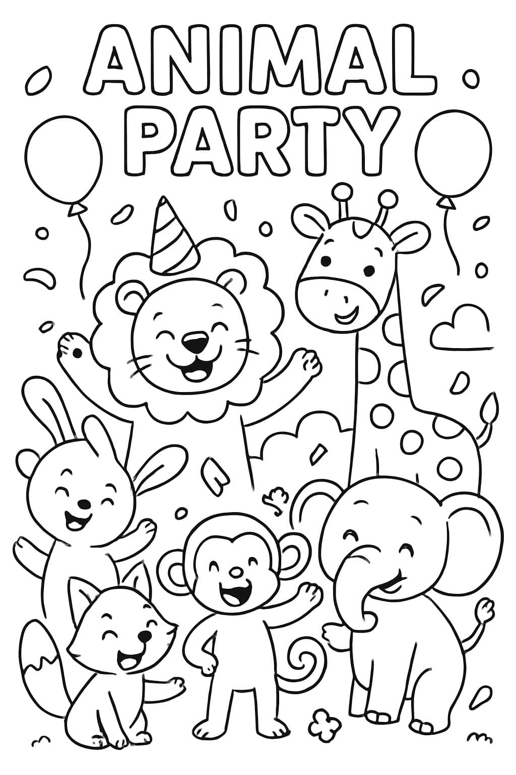 Eine Gruppe von Tieren und oben steht 'Tiere-Party'.