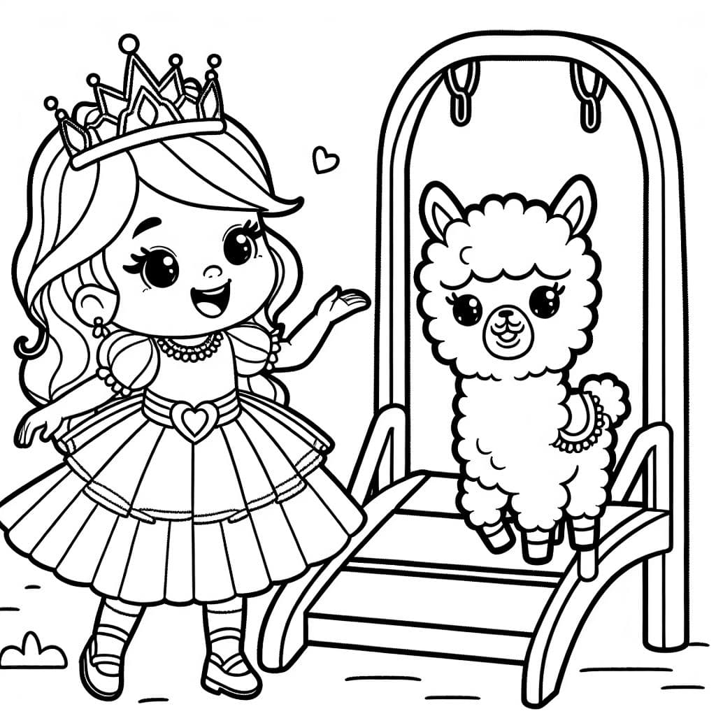 Princesa y una llama jugando en un parque infantil