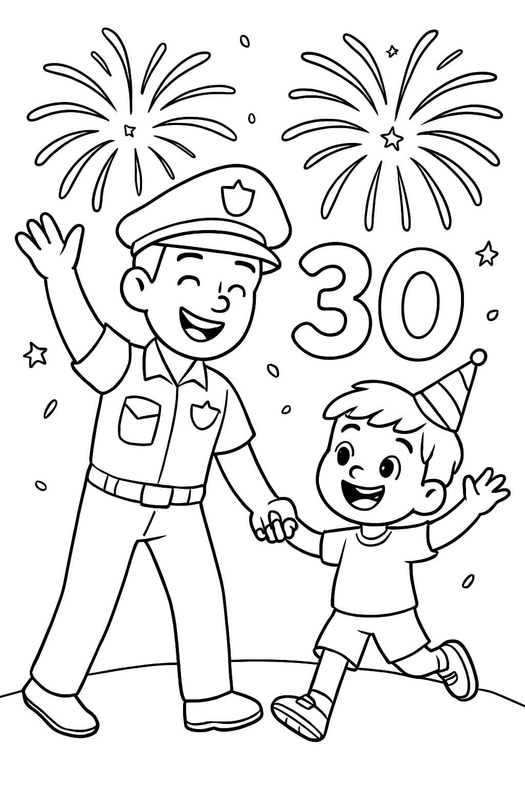 Uncle cop and nephew 6 year old holding hands and celebrating 30th birthday with fireworks.