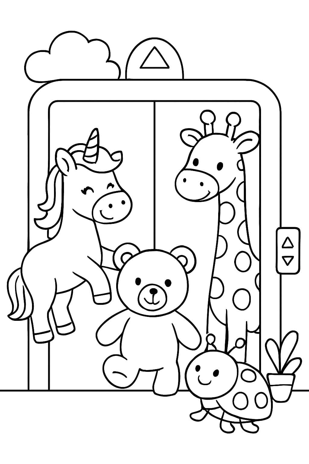 A unicorn, a teddy bear, a giraffe, and a ladybug are riding in the elevator