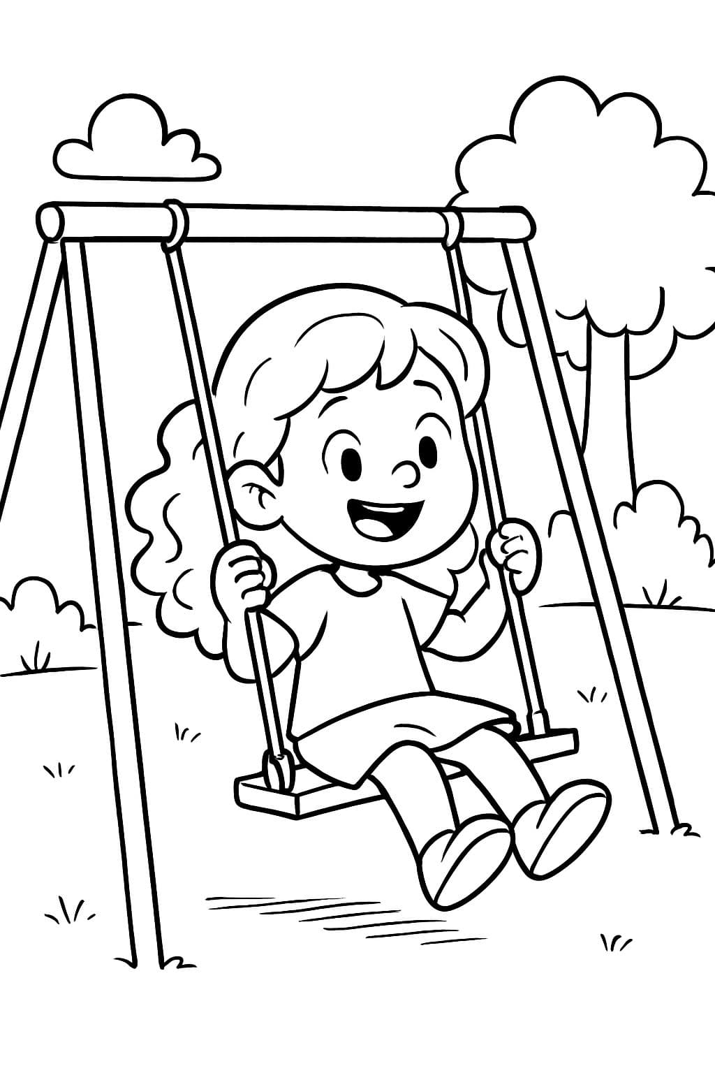 Une fille sans lunettes avec de longs cheveux bouclés jouant sur une balançoire.