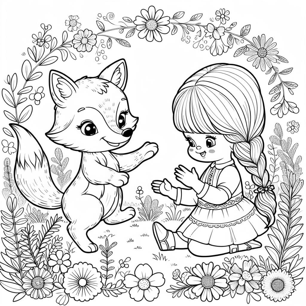 Ein kleiner süßer Fuchs spielt mit einem kleinen blonden Mädchen mit zwei Zöpfen in einer Wiese mit Blumen.