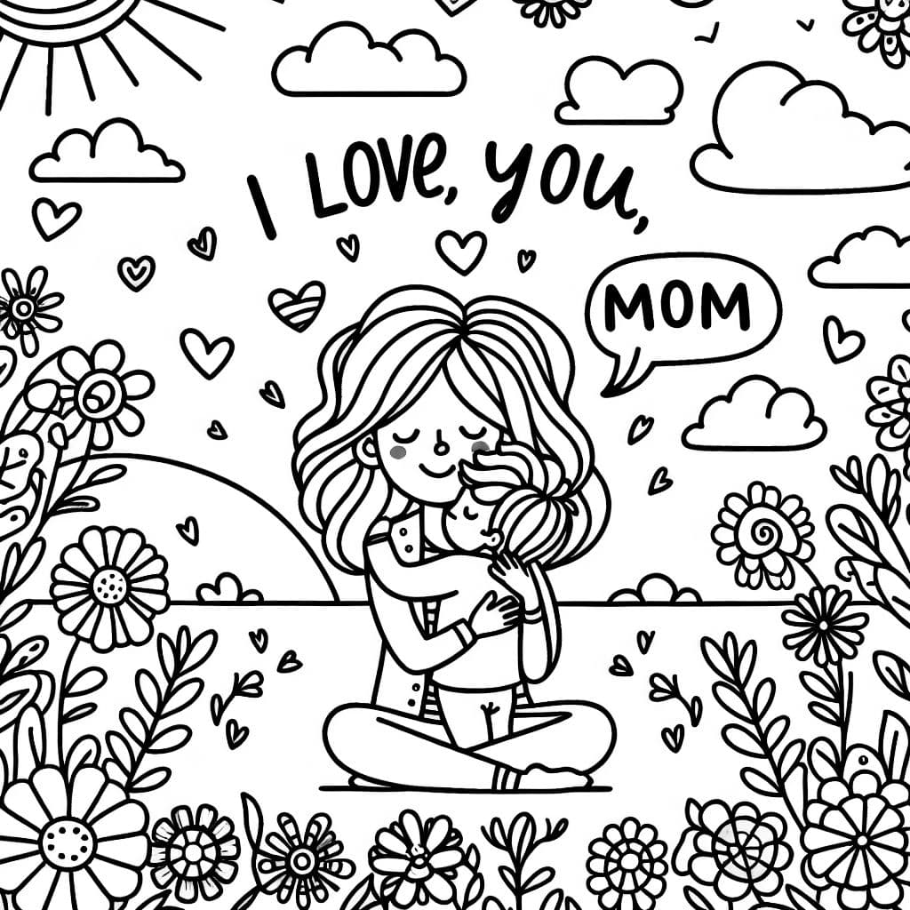 MA MAMAN ME SERRE DANS SES BRAS ET UNE PHRASE QUI DIT JE T'AIME MAMIE ET DE NOMBREUSES FLEURS AUTOUR.