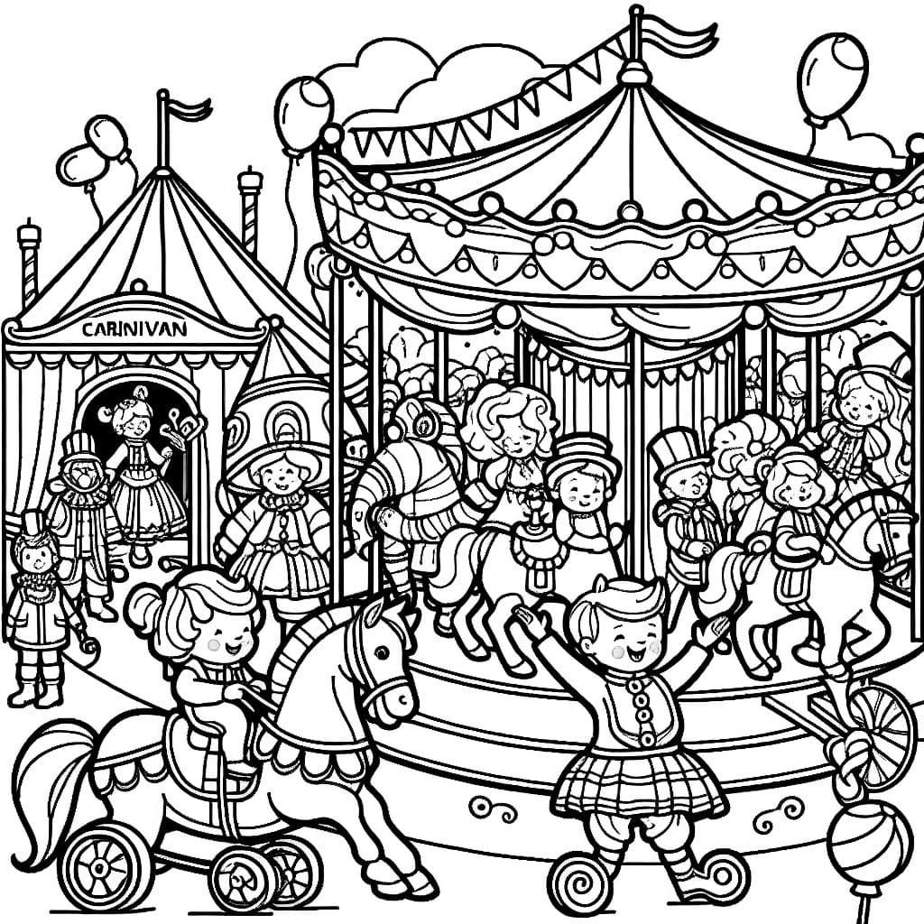Una página para colorear colorida para niños con temas de carnaval.