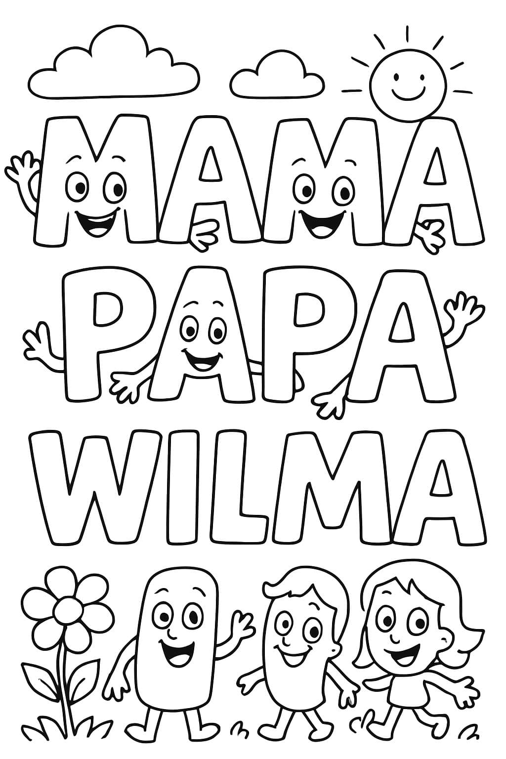 Des grandes lettres amusantes que maman, papa et Wilma écrivent