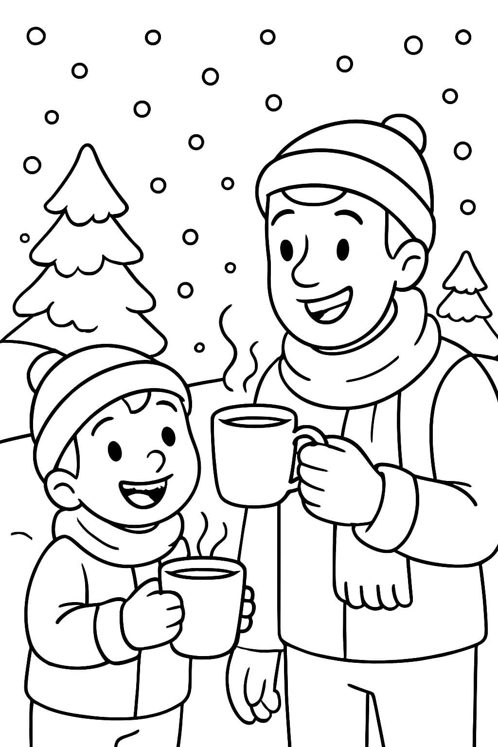 Un niño tomando té con su papá afuera mientras nieva.