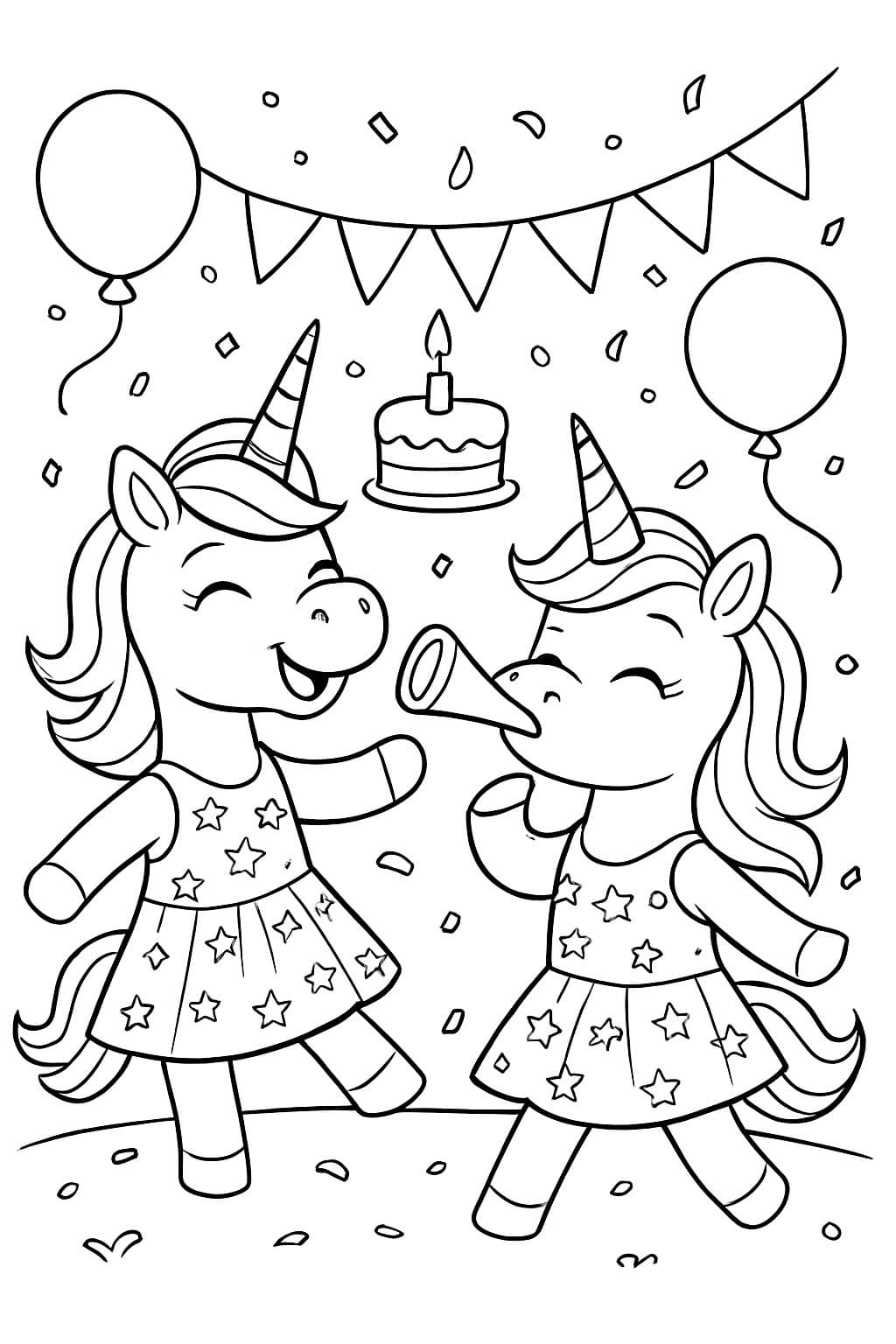 dos unicornios en vestidos de purpurina arcoíris, celebrando un cumpleaños, bailando y soplando en un cuerno de fiesta