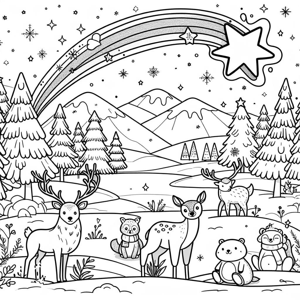 Un paisaje invernal mágico con una estrella fugaz y varios animales. Perfecto para que los niños coloreen.