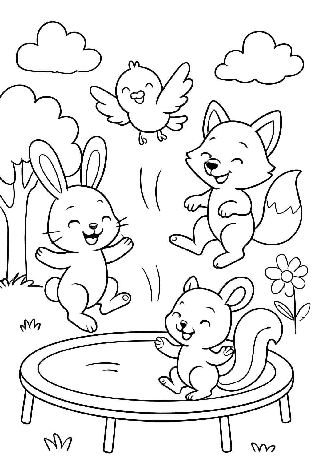 Animales de primavera saltando en un trampolín