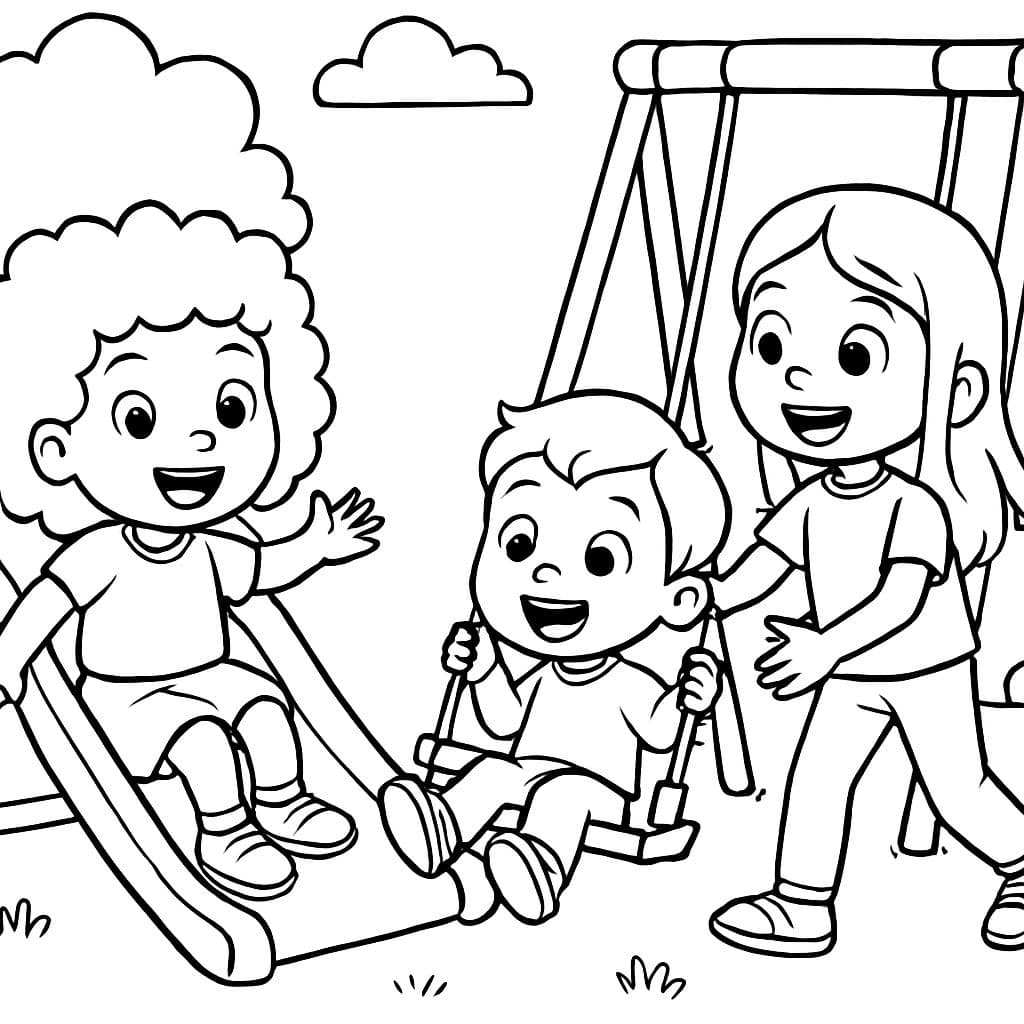 Three friends at the playground: a girl with curly hair, a girl with straight hair, and a younger boy.