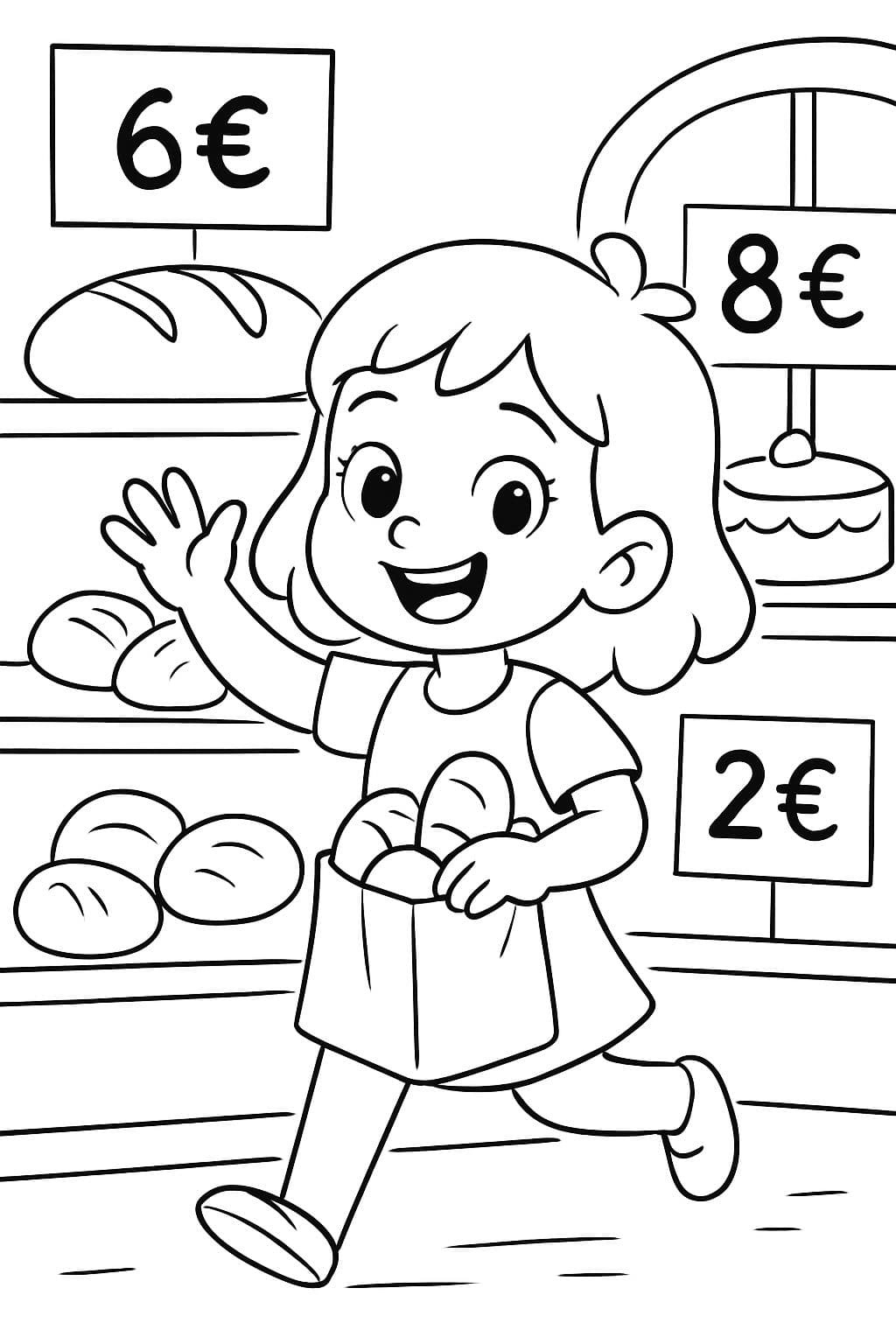 a girl in a bakery: The roll bag costs 2 euros, the bread 6 euros, the cake 8 euros. The prices should be visible on signs with the products.