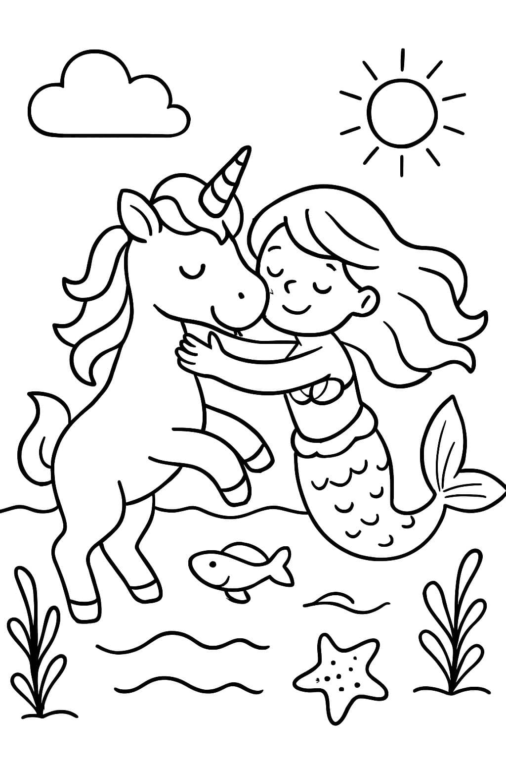 Ein Einhorn dass schwimmt und eine Meerjungfrau umarmt