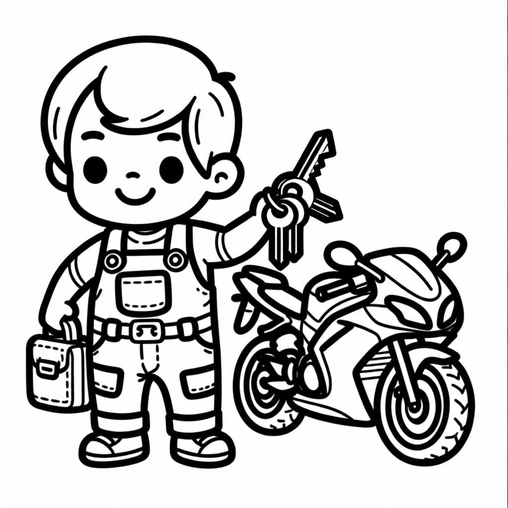 Hombre trabajador de la construcción con llaves y una motocicleta