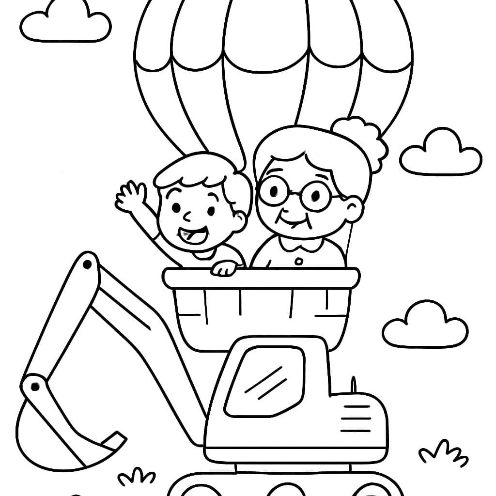 Un niño y una abuela en un globo aerostático volando sobre un excavador.