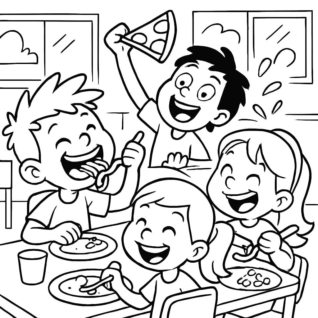 Enfants mangeant dans une cantine scolaire et faisant beaucoup de bruit.