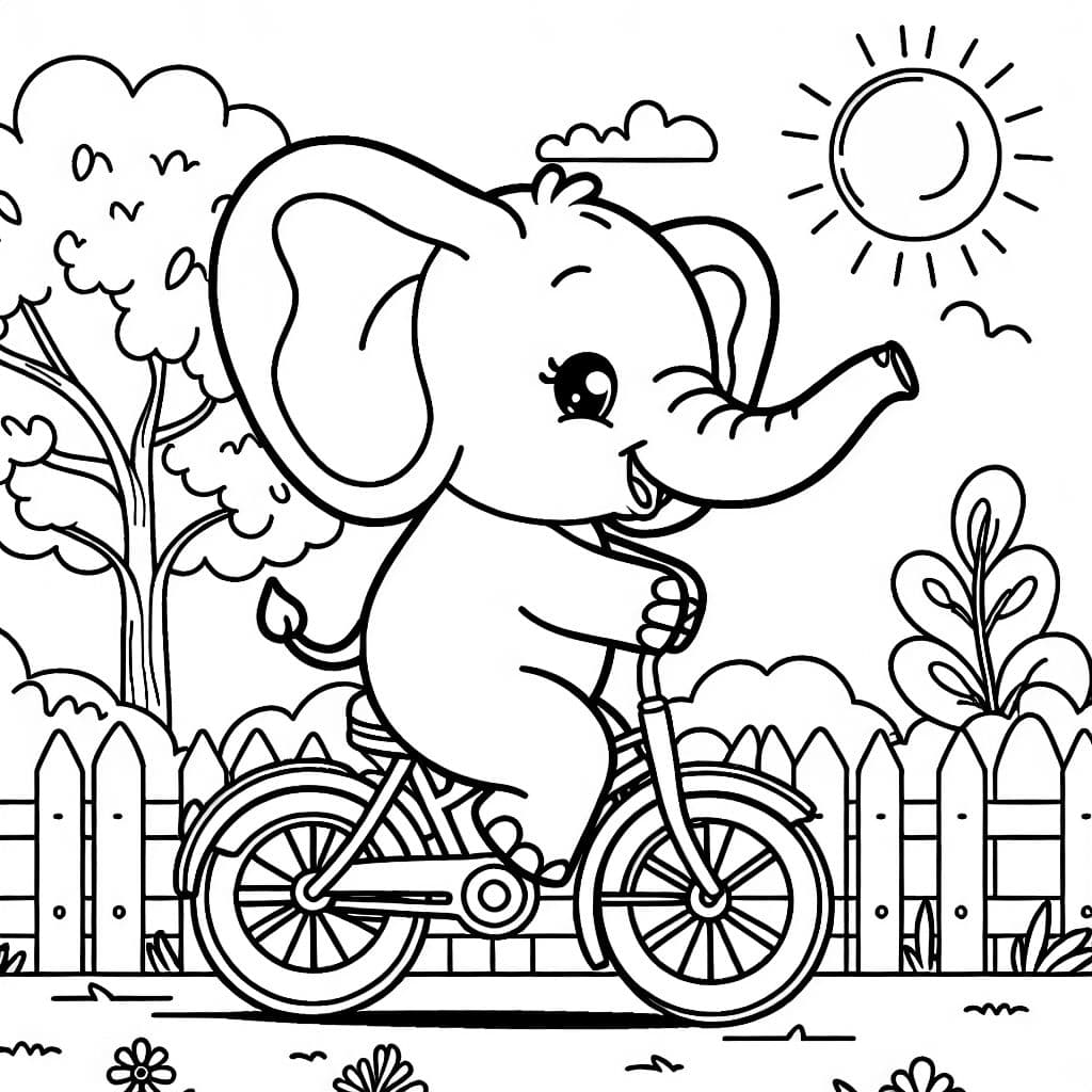 Un elefante en una bicicleta, diseñado para que los niños lo coloreen.