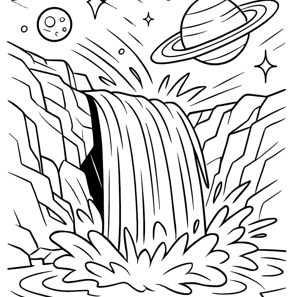 Une cascade dans l'espace sans personnes ni animaux, seulement avec quelques étoiles et planètes