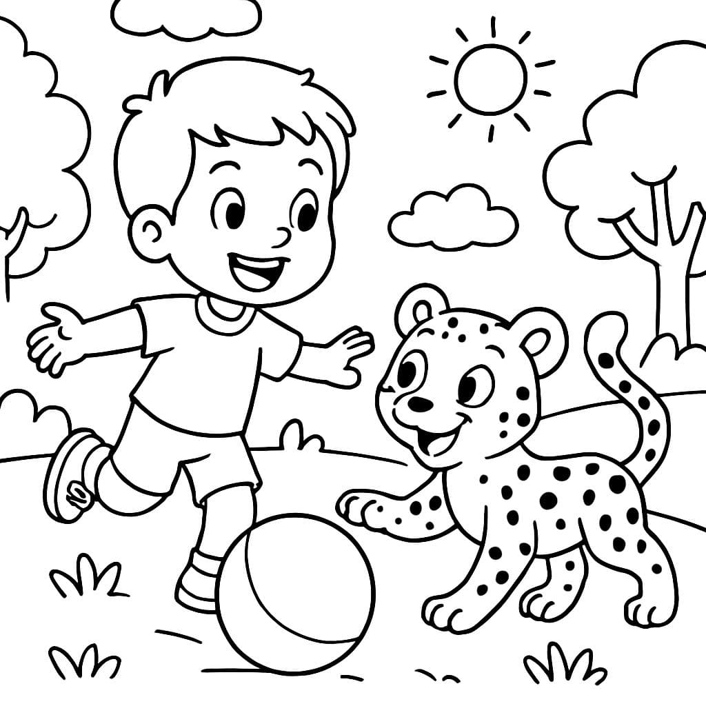 Un petit garçon avec les cheveux courts jouant avec un guépard et une balle !